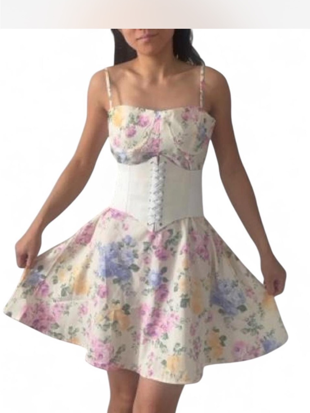 Lace-Up Corset Floral Mini Dress in Cream with Pastel Blooms